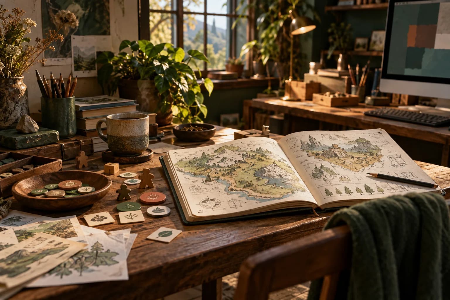 Carnet de croquis, cartes et pièces de jeu sur une table de création chaleureuse