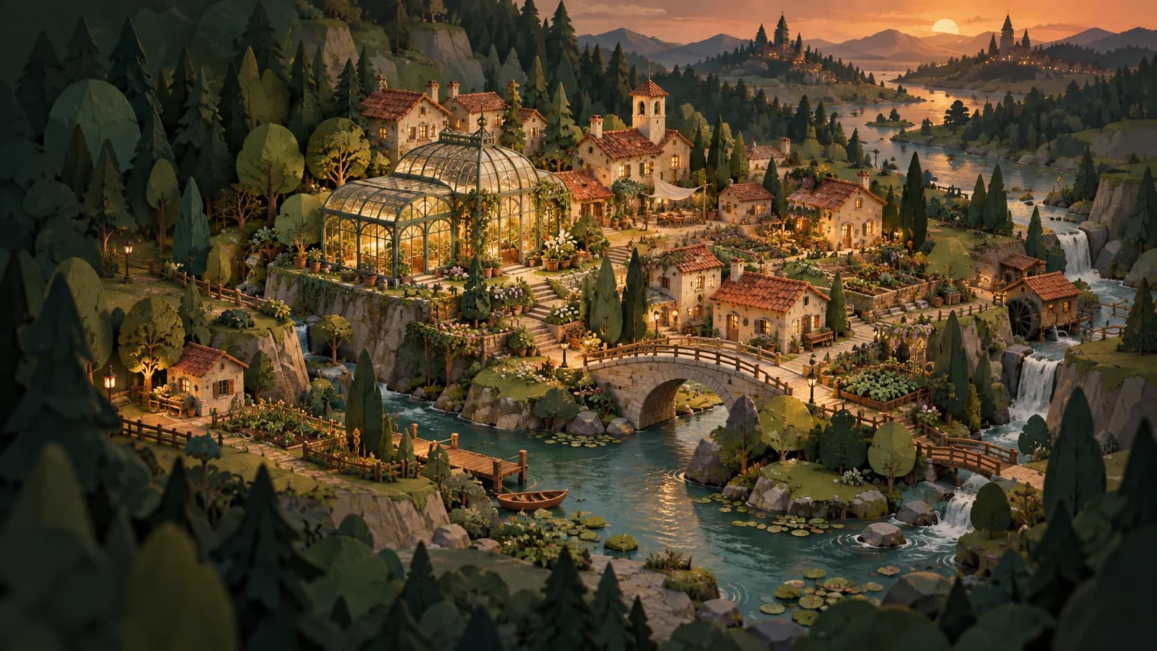 Illustration d’ambiance d’un village imaginaire au bord d’une rivière
